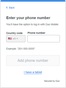 enter Phone number screen